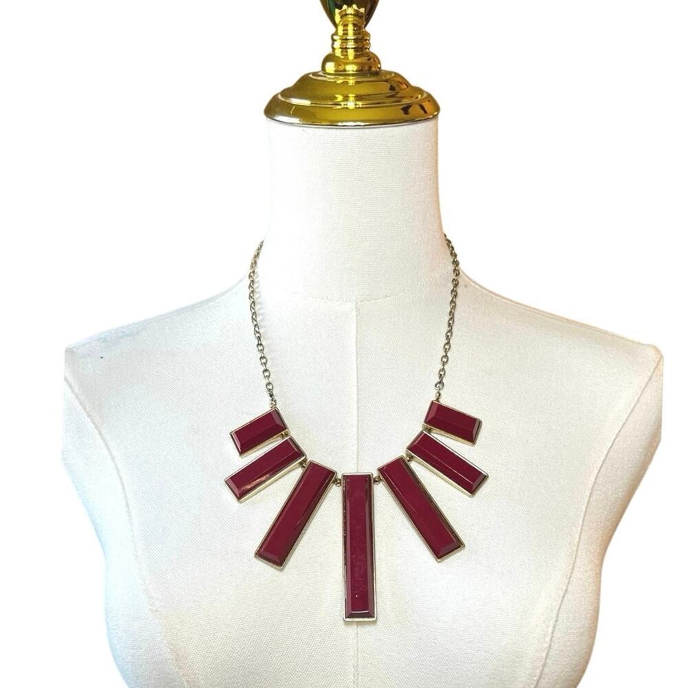 Anthropologie Red Geometric Bib Necklace Gold Tone Vintage
